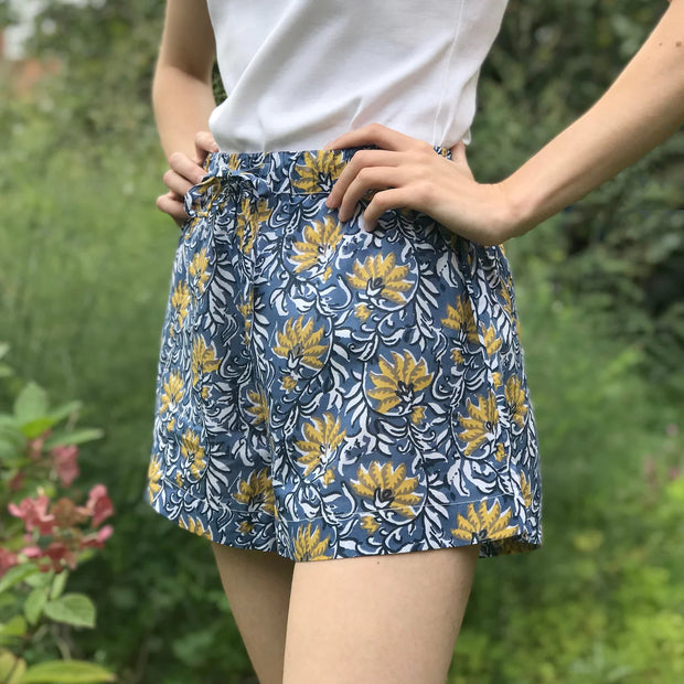 Lime Tree Block Printed Sleep Shorts - Jaipur Blue & Yellow