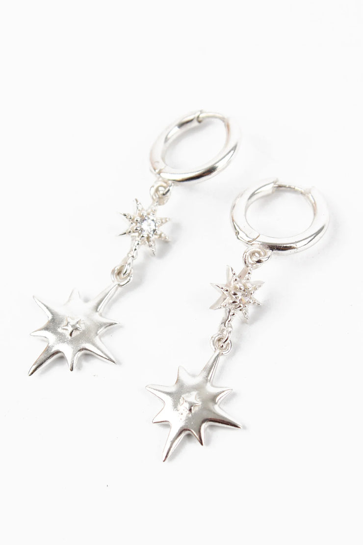 My Doris Silver Double Star Huggie Hoop Earrings