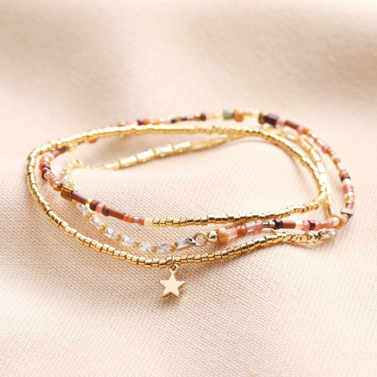 Brown Bead & Star Charm Multi Layer Bracelet in Gold