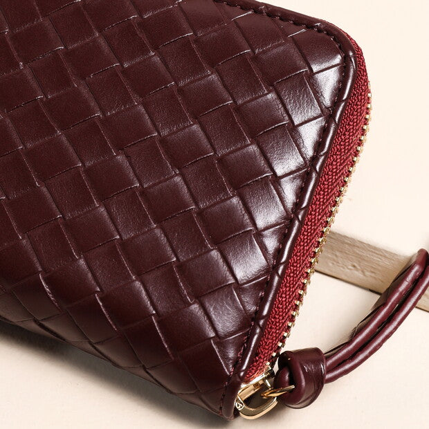 Vegan Leather Woven Zip Around Purse in Burgundy