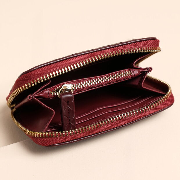 Vegan Leather Woven Zip Around Purse in Burgundy