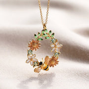 Crystal Flower & Enamel Bee Droplet Necklace