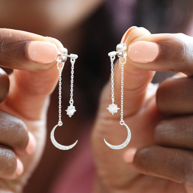 Crystal Star & Moon Double Drop Earrings in Silver