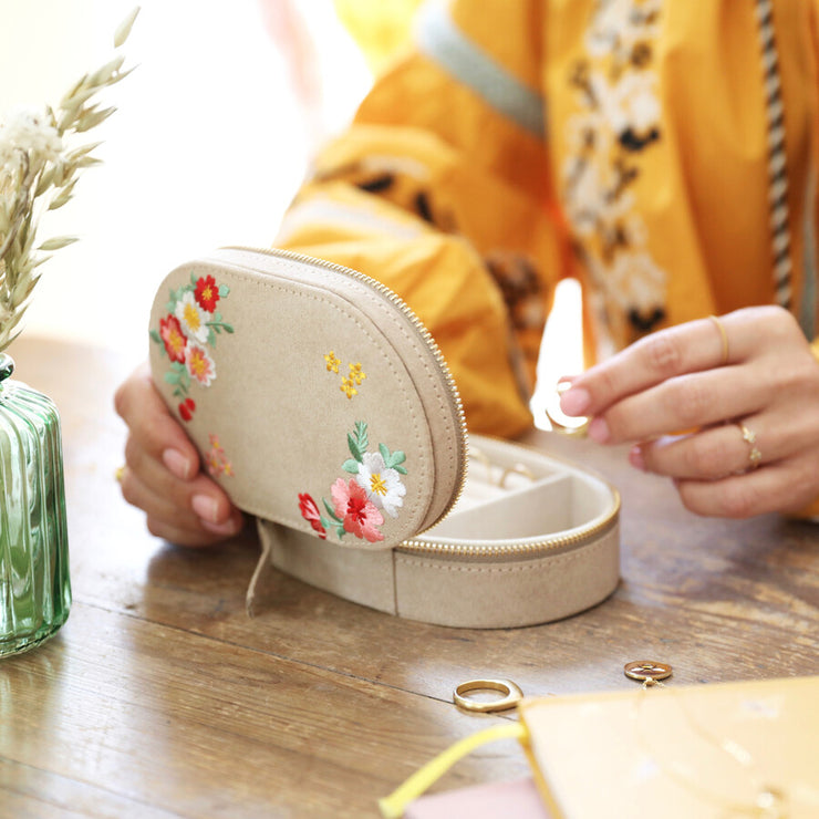 Embroidered Flowers Oval Velvet Jewellery Case