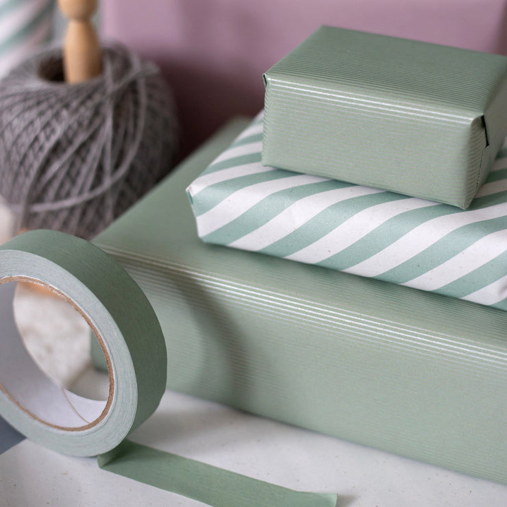 Recycled 5m Roll of Wrapping Paper - Green Fine Stripes