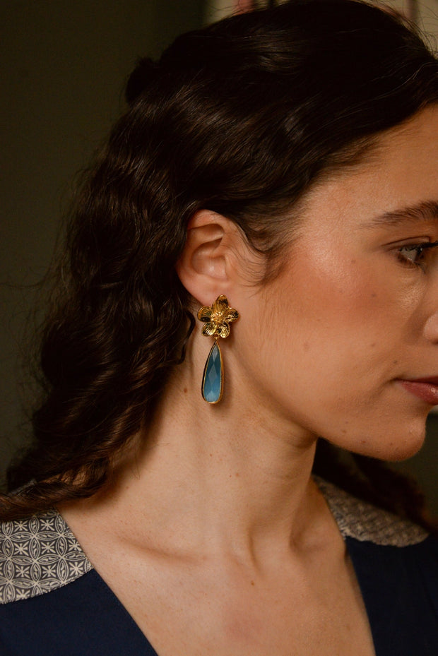 My Doris Gold Flower & Blue Glass Tear Drop Earrings