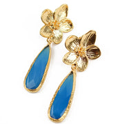 My Doris Gold Flower & Blue Glass Tear Drop Earrings
