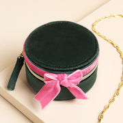 Green & Pink Velvet Bow Jewellery Case - Round