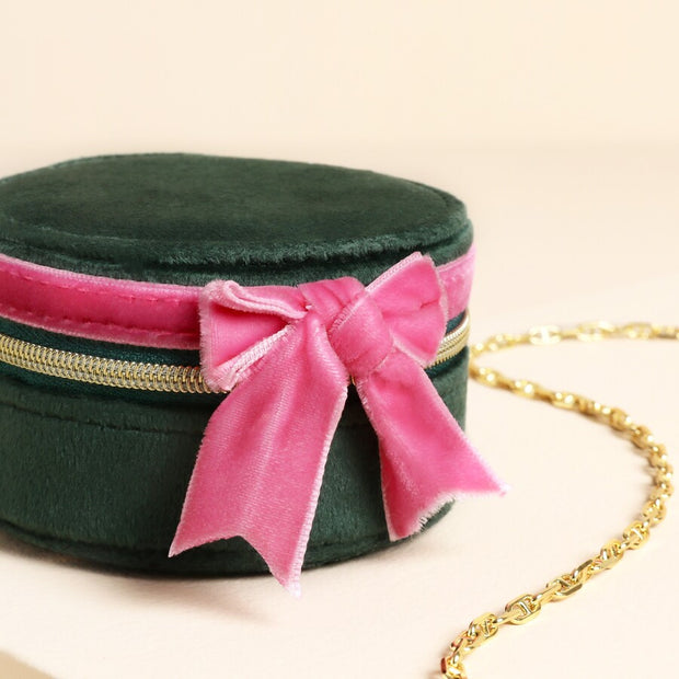 Green & Pink Velvet Bow Jewellery Case - Round