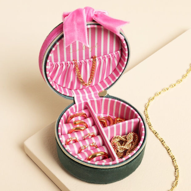 Green & Pink Velvet Bow Jewellery Case - Round
