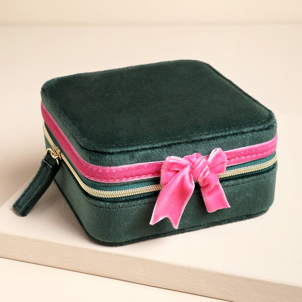 Green & Pink Velvet Bow Jewellery Case - Square