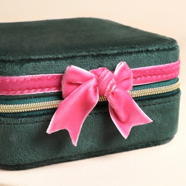 Green & Pink Velvet Bow Jewellery Case - Square