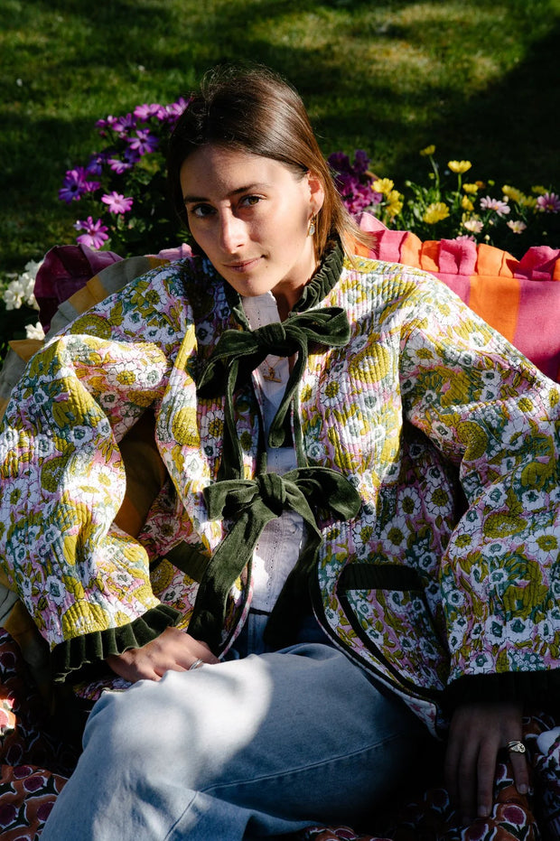 Twizzell Reversible Ruffle Jacket - Green Floral & Pink Star