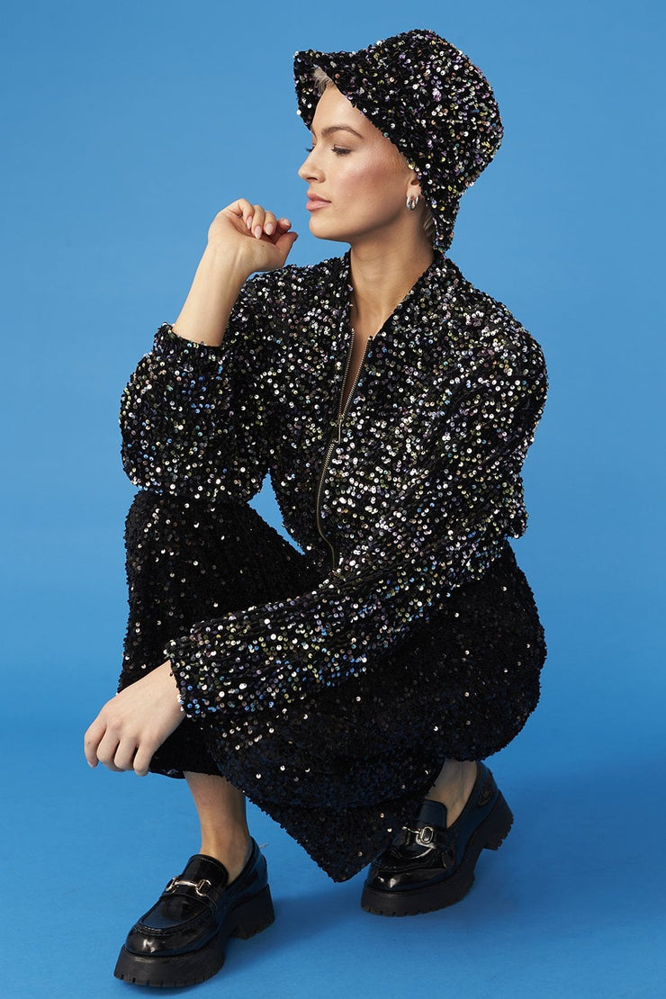 Bamboo Sequins Bomber Jacket - Black Multi