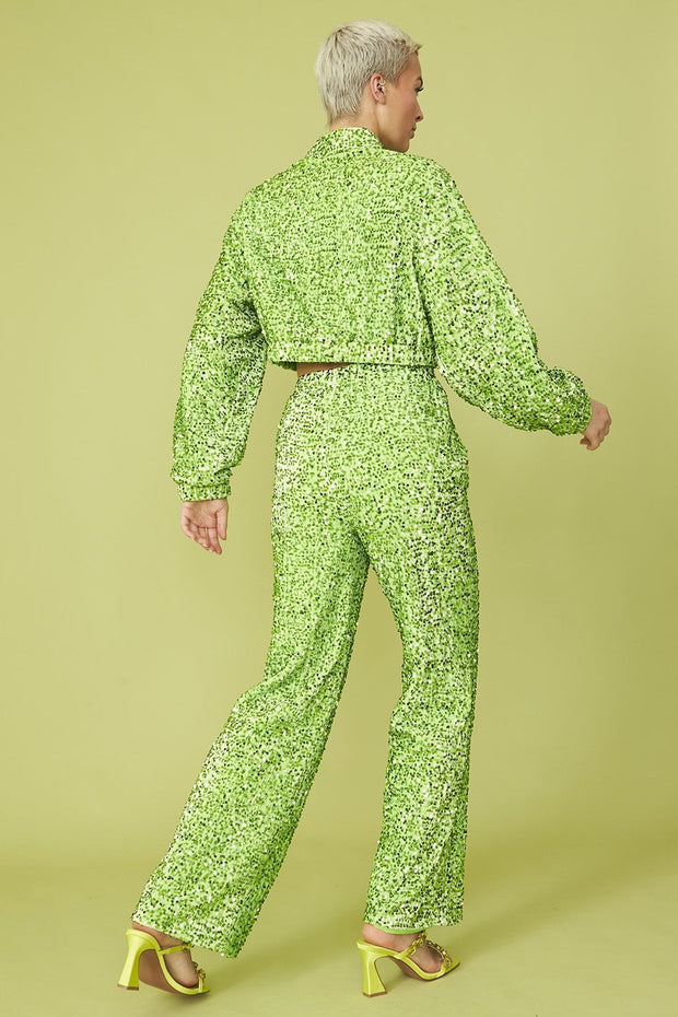 Bamboo Sequins Bomber Jacket - Lime Green