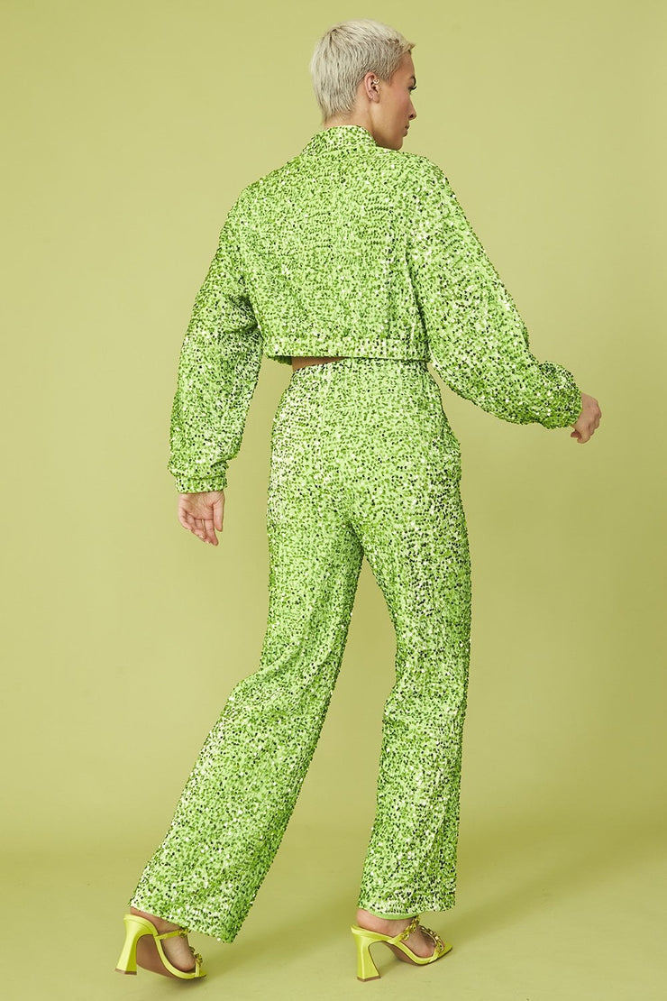 Bamboo Sequins Bomber Jacket - Lime Green