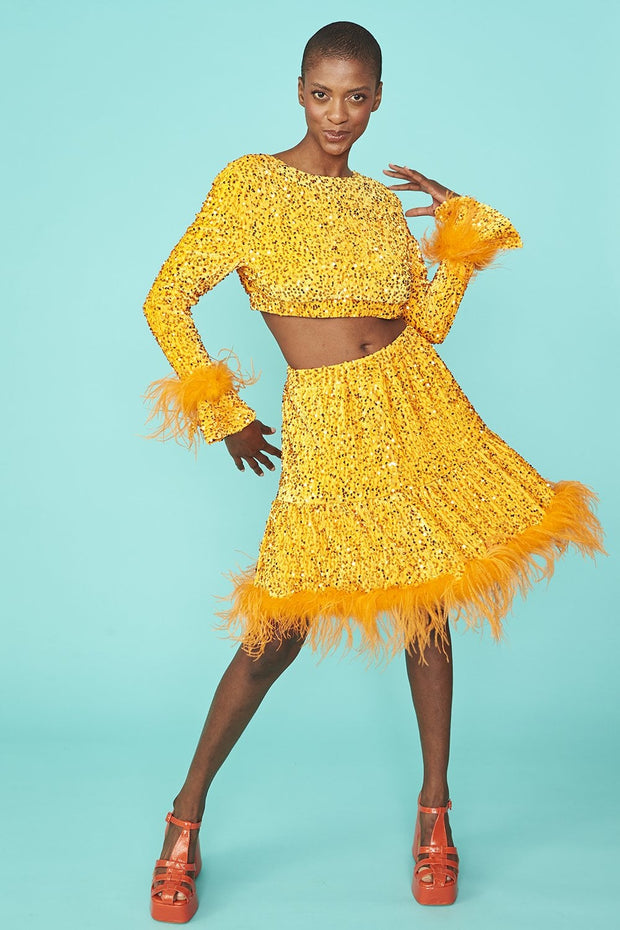 Sequin Skater Skirt with Feather Trim - Orange