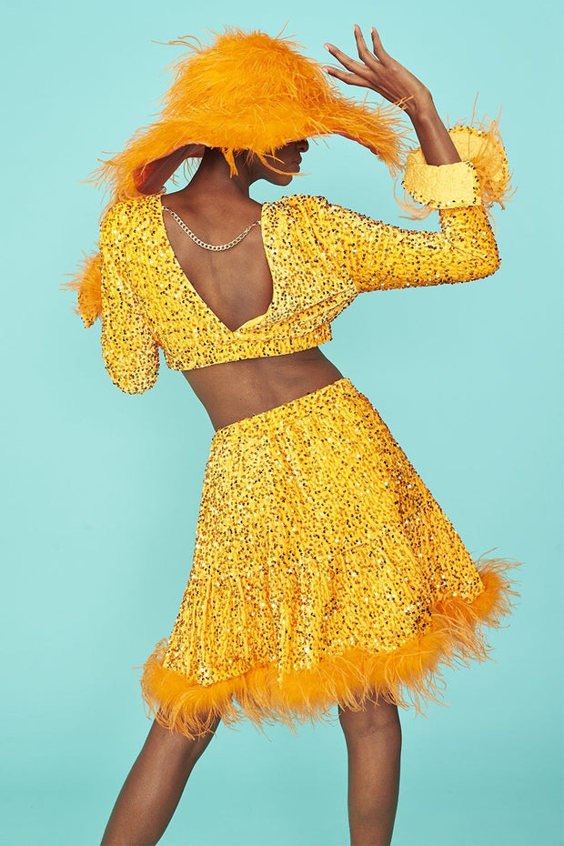 Sequin Skater Skirt with Feather Trim - Orange