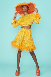 Sequin Skater Skirt with Feather Trim - Orange