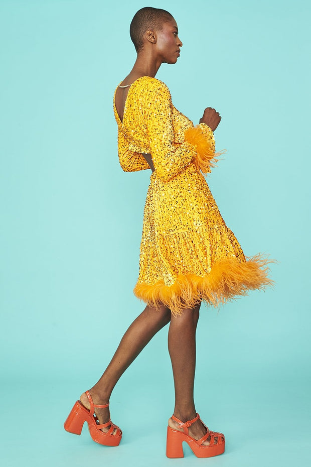 Sequin Skater Skirt with Feather Trim - Orange