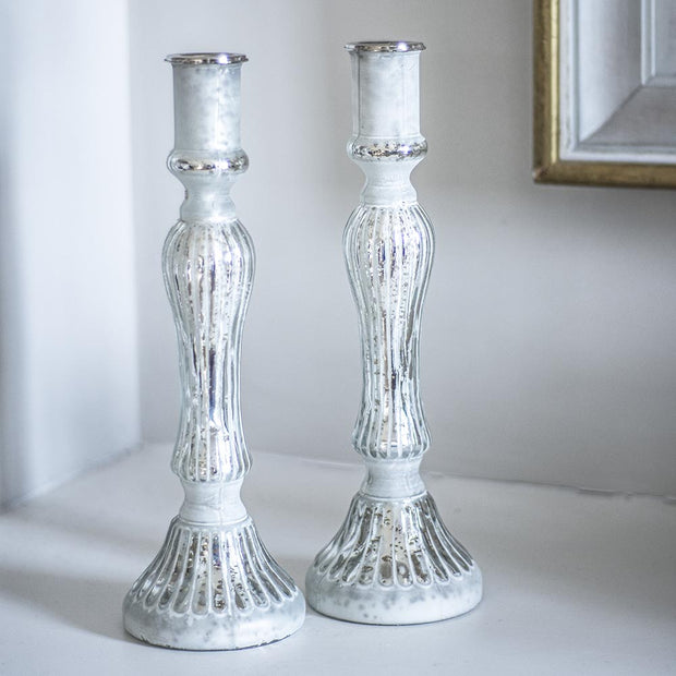 Glass Candlestick Antique Silver White