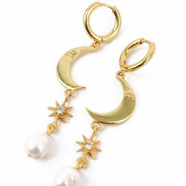 My Doris Gold Moon & Star With Pearl Earrings