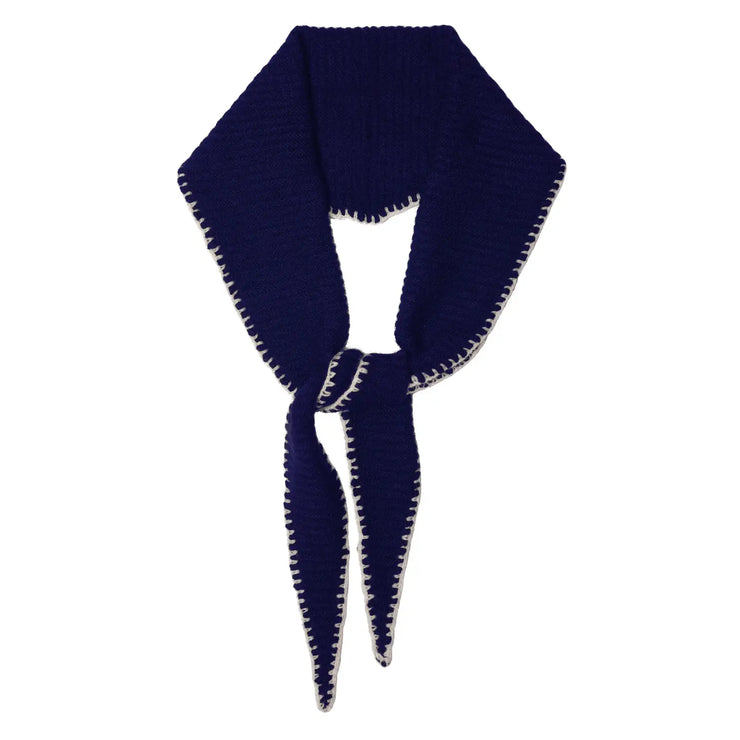 Cashmere Diamond Skinny Scarf Stitched Edge - Navy