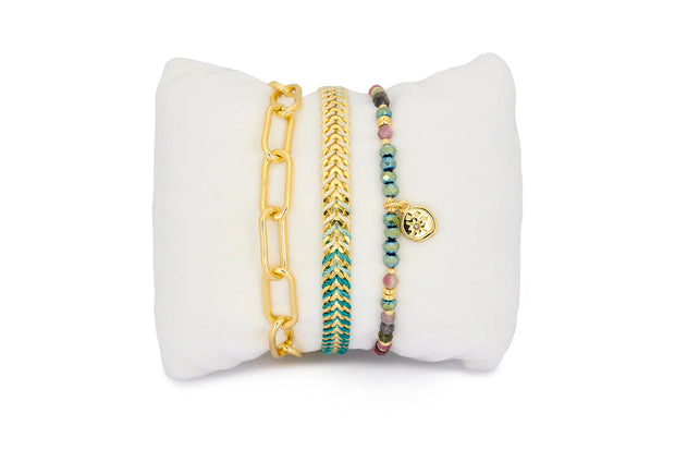 Boho Betty 3 Layer Bracelet Stack - Pamban Gold & Tourmaline