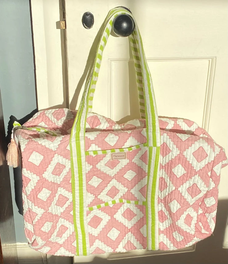Twizzell Indian Block Print Weekend Bag - Pink Geometric