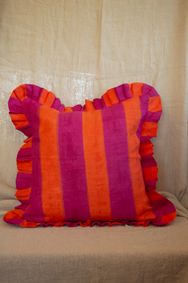 Twizzell Ruffle Linen Striped Cushion Cover - Pink & Orange