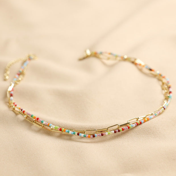 Rainbow Bead & Chain Layered Necklace in Gold