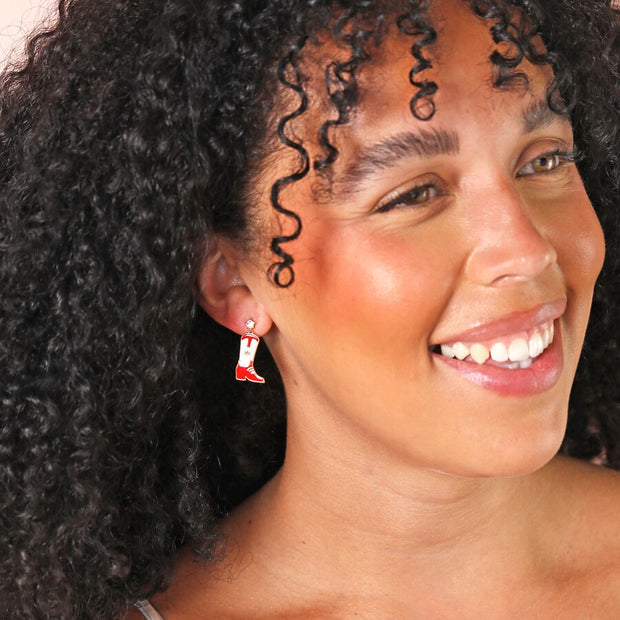 Red Enamel Cowboy Boot Drop Earrings in Gold