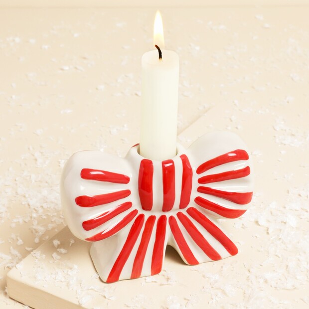 Red and White Striped Bow Candle Holder