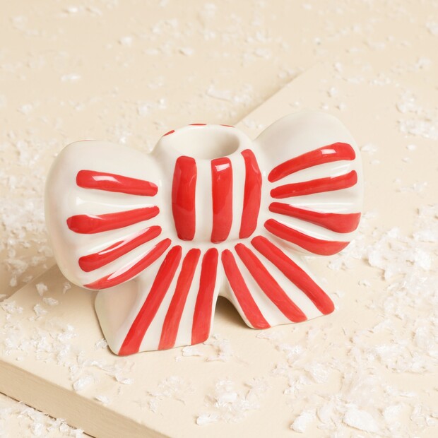 Red and White Striped Bow Candle Holder
