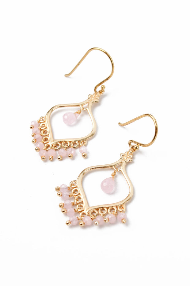 Drop Hook Earrings with Bead Drops - Rose Quartz