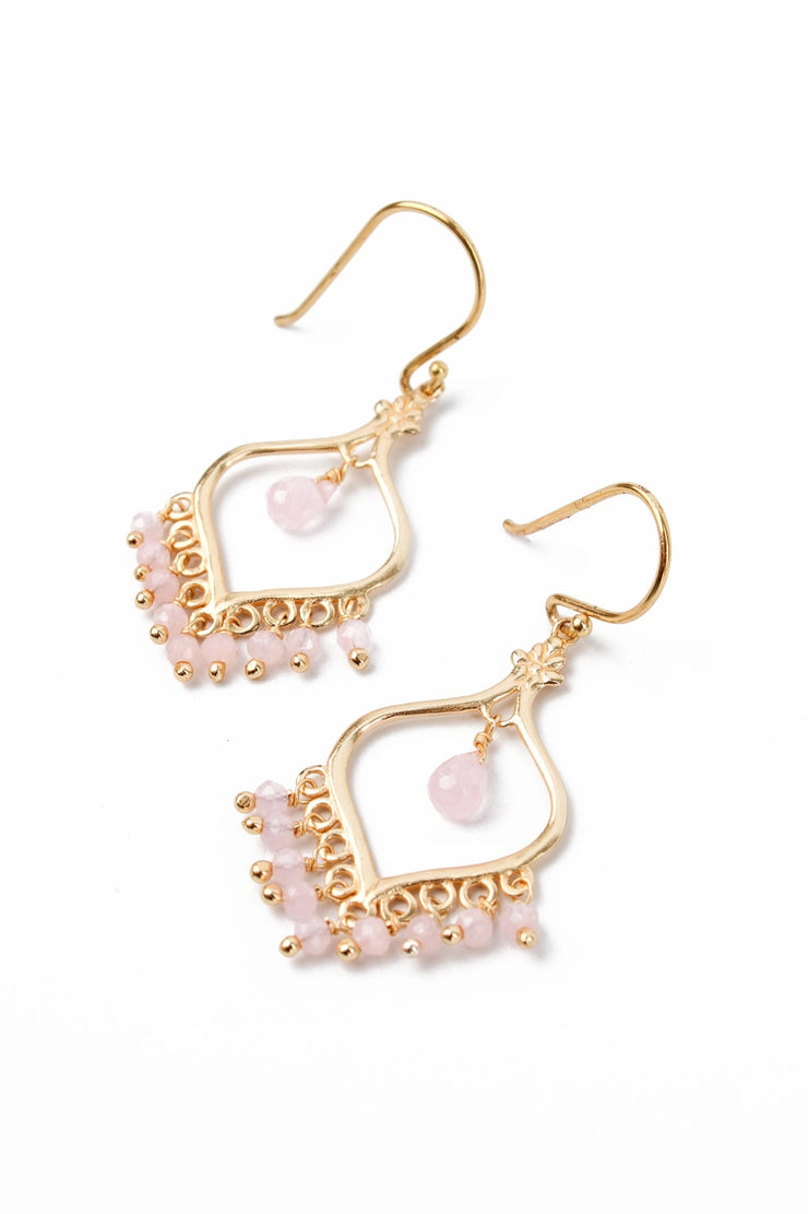 Drop Hook Earrings with Bead Drops - Rose Quartz