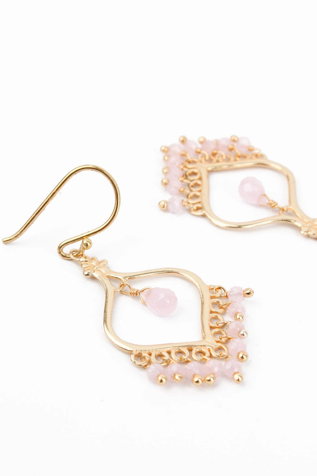 Drop Hook Earrings with Bead Drops - Rose Quartz