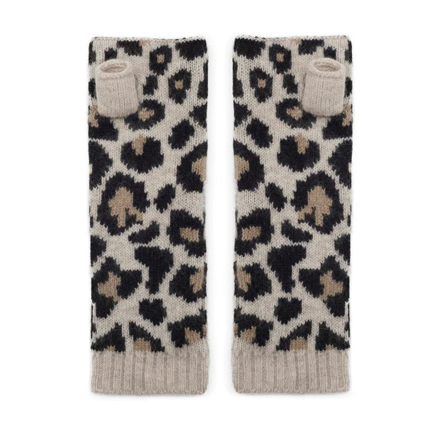 Leopard Cashmere Knitted Wrist Warmers - Black/Camel