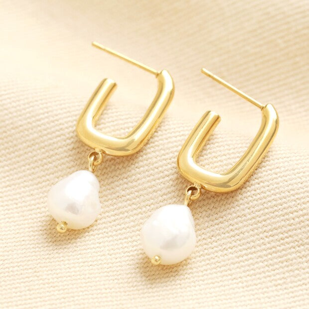Gold Rectangular Earrings with Pearl Drop