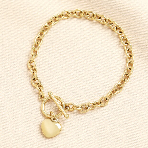 Stainless Steel T-Bar Heart Charm Bracelet in Gold