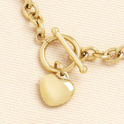 Stainless Steel T-Bar Heart Charm Bracelet in Gold