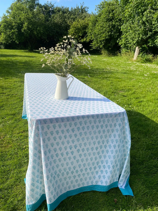 Twizzell Block Print Large Tablecloth - Blue Coral