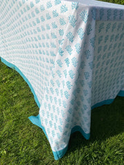 Twizzell Block Print Large Tablecloth - Blue Coral