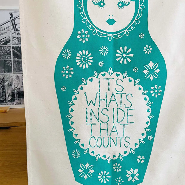 Alphabet Bag Tea Towel - It's What's Inside That Counts