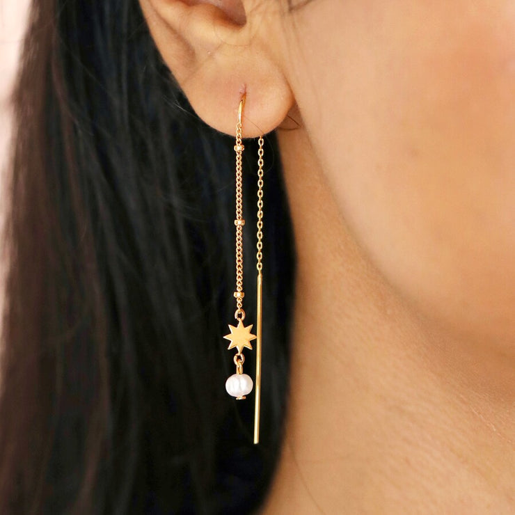 Thread Through Star And Pearl Chain Earrings