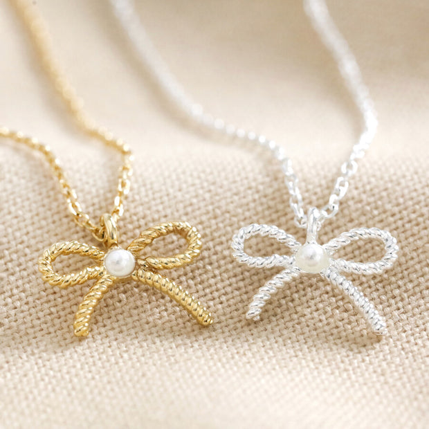 Tiny Pearl Bow Necklace in Silver or Gold