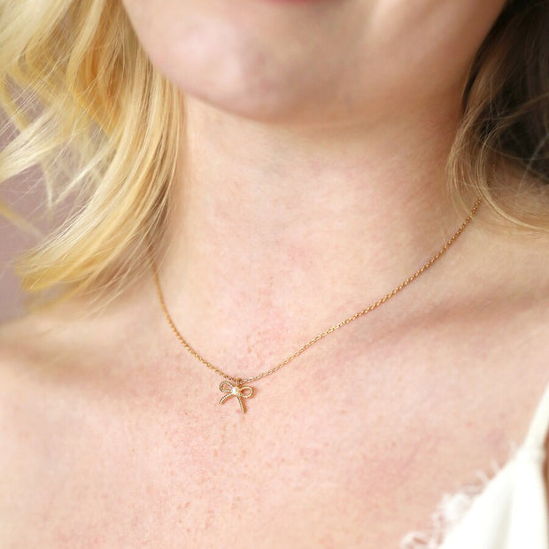 Tiny Pearl Bow Necklace in Silver or Gold
