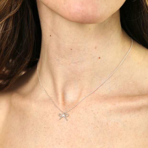 Tiny Pearl Bow Necklace in Silver or Gold