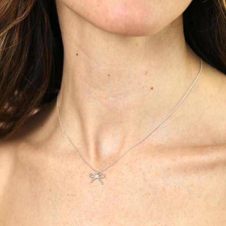 Tiny Pearl Bow Necklace in Silver or Gold