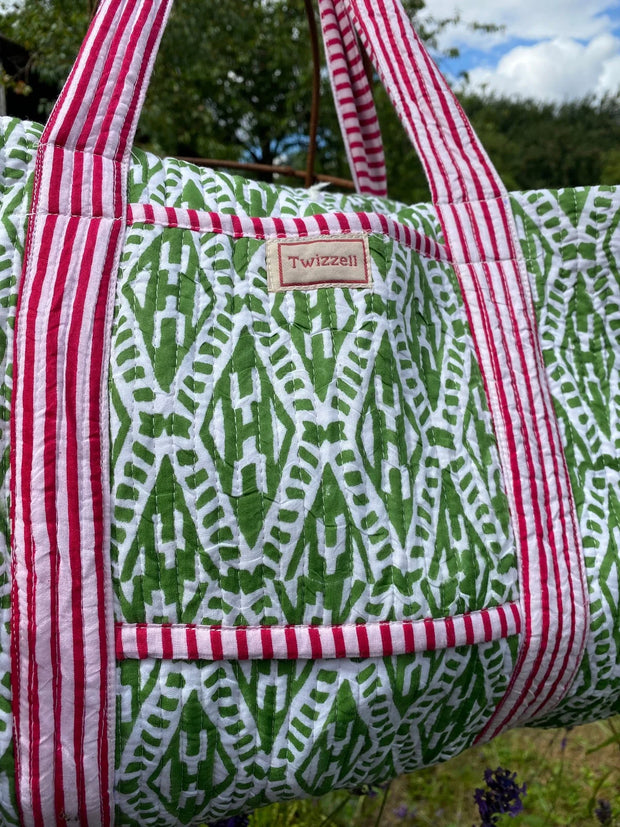 Twizzell Indian Block Print Weekend Bag - Green & Pink Geometric